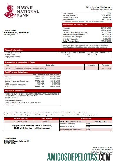Declaração de hipoteca do Banco Nacional do Havaí do Havaí exemplo real